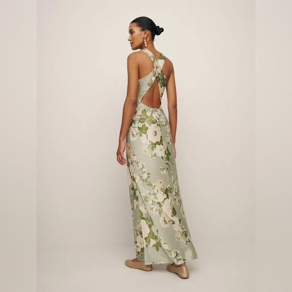 NEW Reformation Anaiis Long Silk Dress Tarragon Green Floral | US 6 UK 10 - Picture 6 of 16